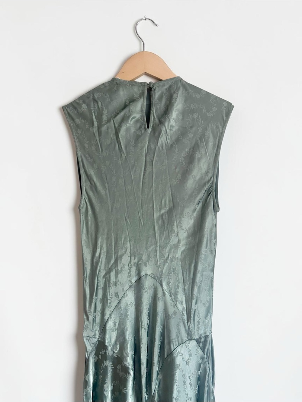 DOEN Ginette Paneled Floral Jacquard Satin Midi Dress Sz Medium Dusty Jade Green - Picture 11 of 13